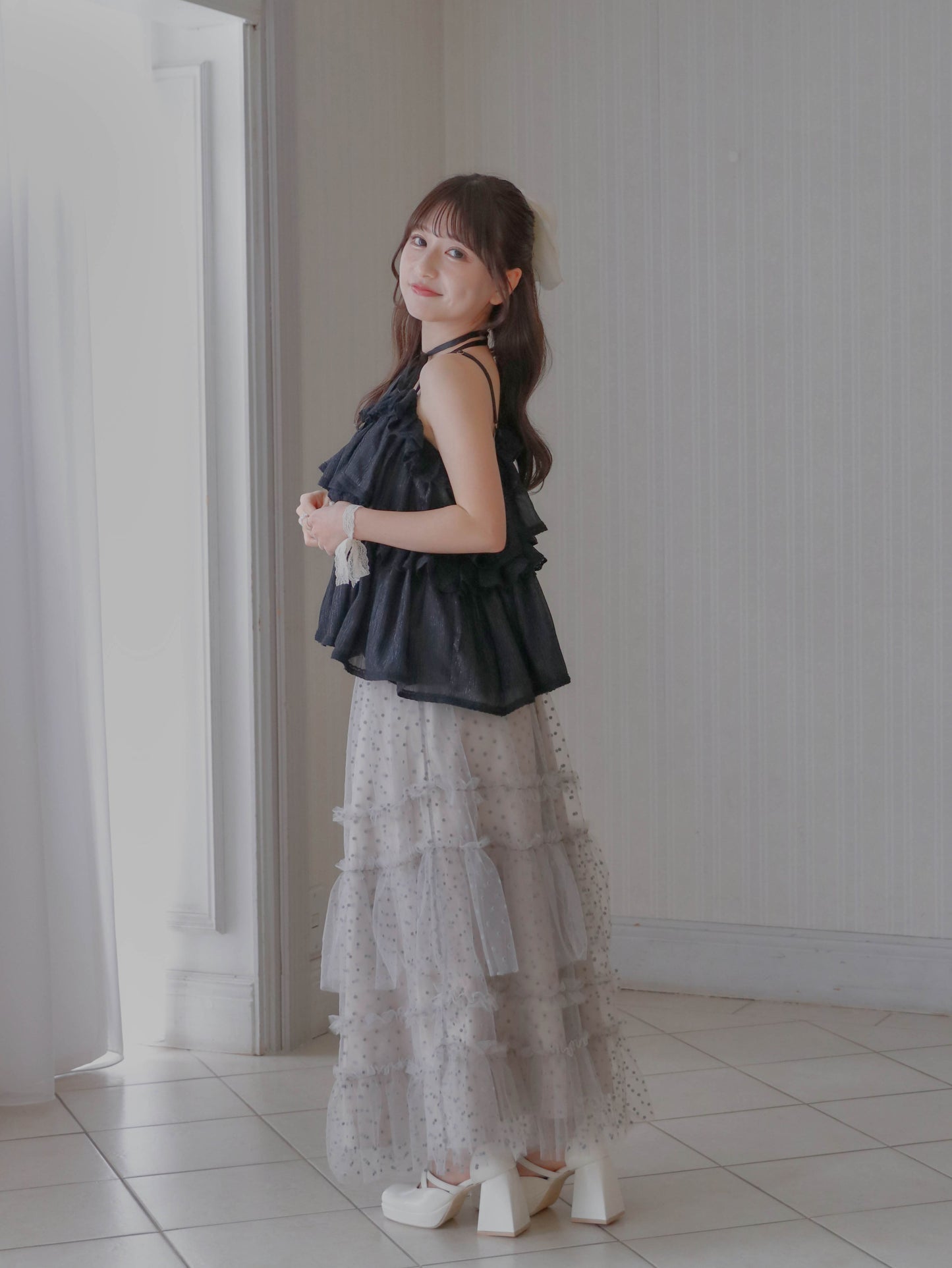 【6/17 20:00 発売】Dot tulle tiered skirt