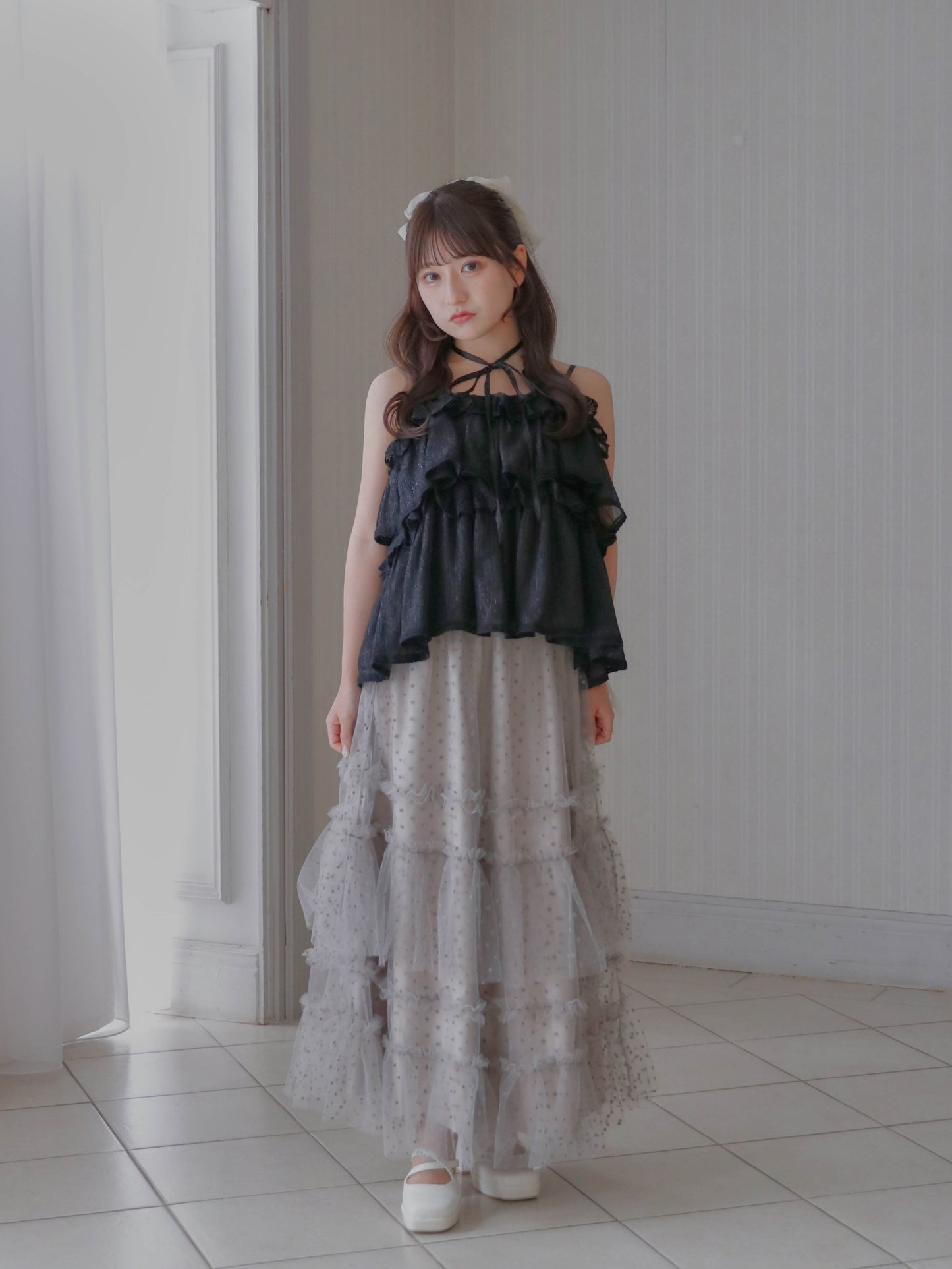 【6/17 20:00 発売】Dot tulle tiered skirt