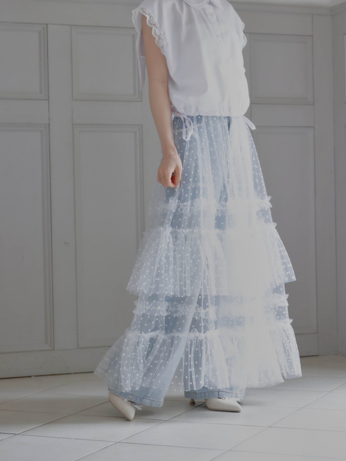 【6/17 20:00 発売】Dot tulle tiered skirt