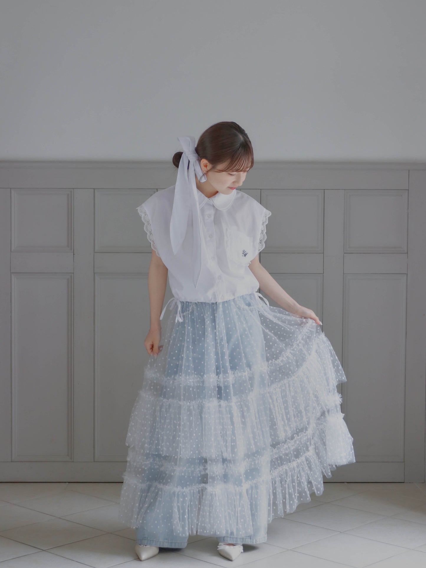 【6/17 20:00 発売】Dot tulle tiered skirt
