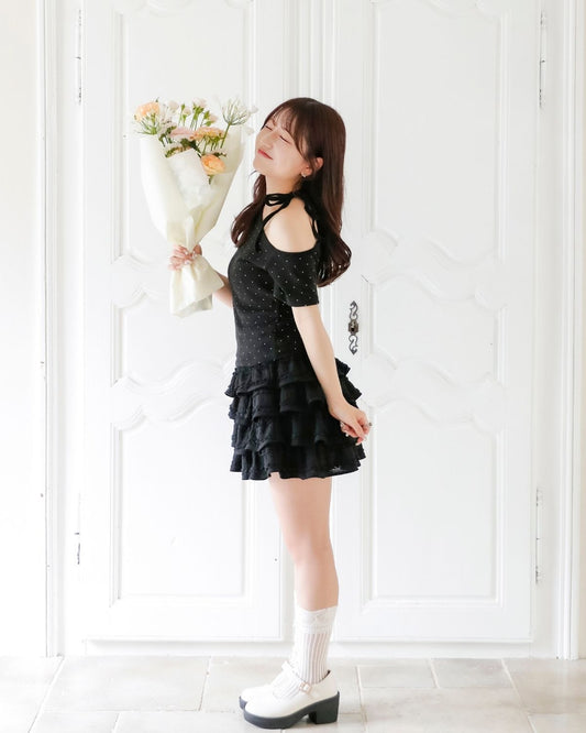 【Re Stock】ribbon tie dot tops