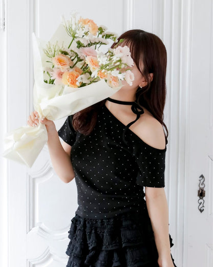 【Re Stock】ribbon tie dot tops