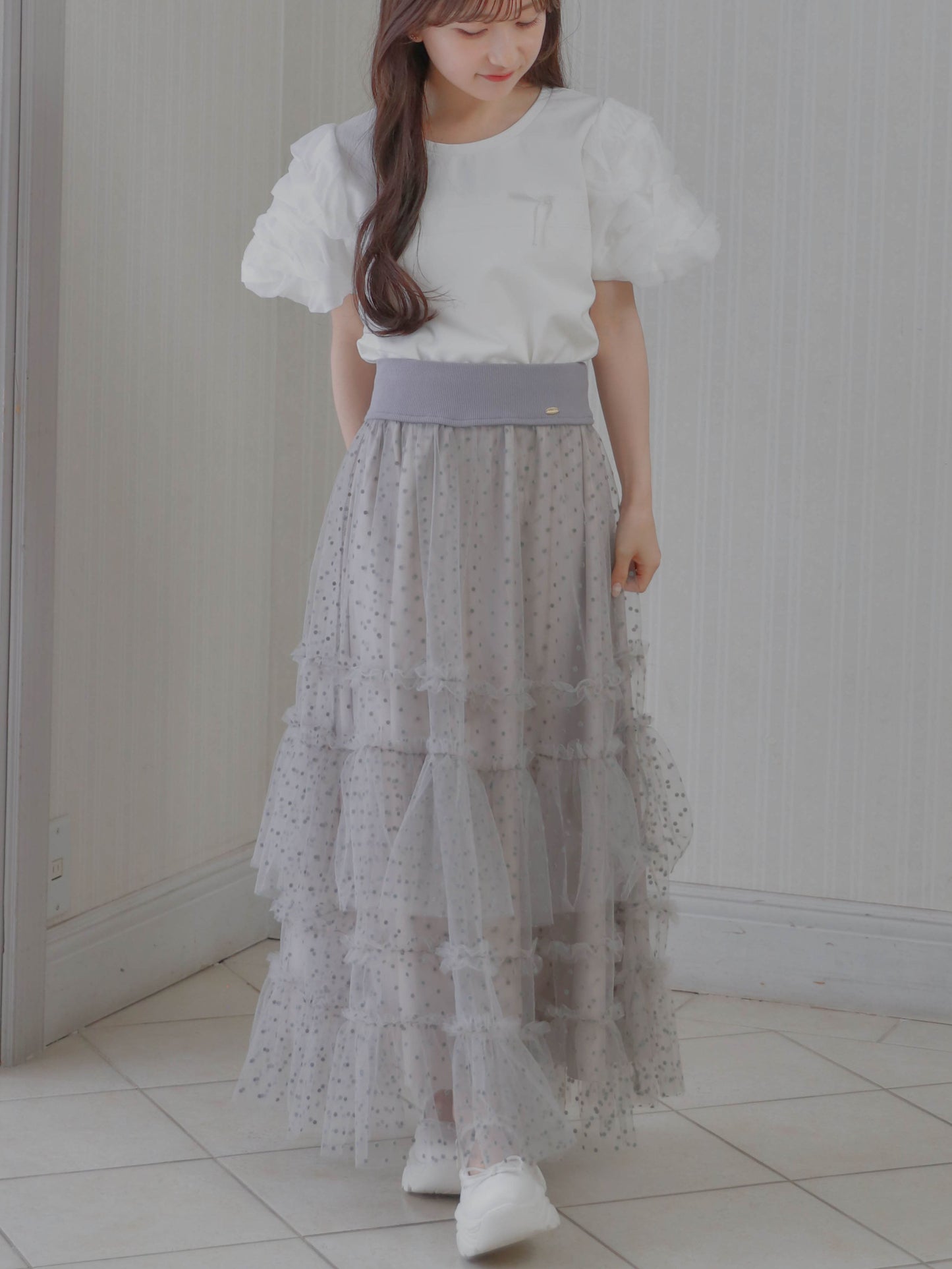【6/17 20:00 発売】Dot tulle tiered skirt