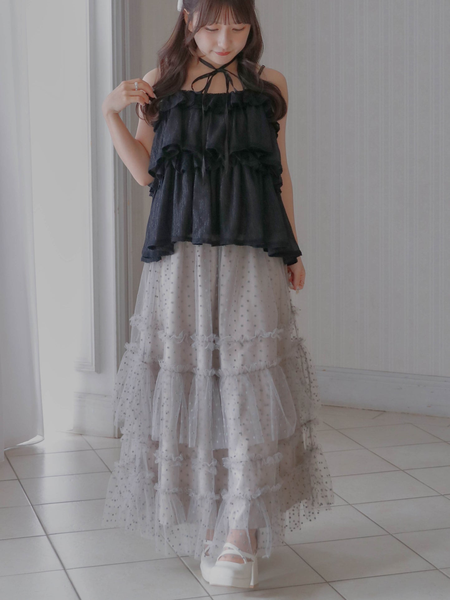 【6/17 20:00 発売】Dot tulle tiered skirt
