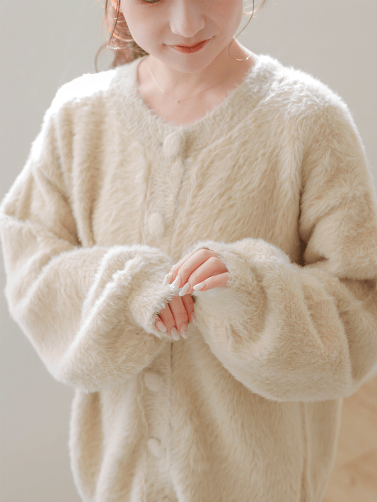 shaggy over cardigan